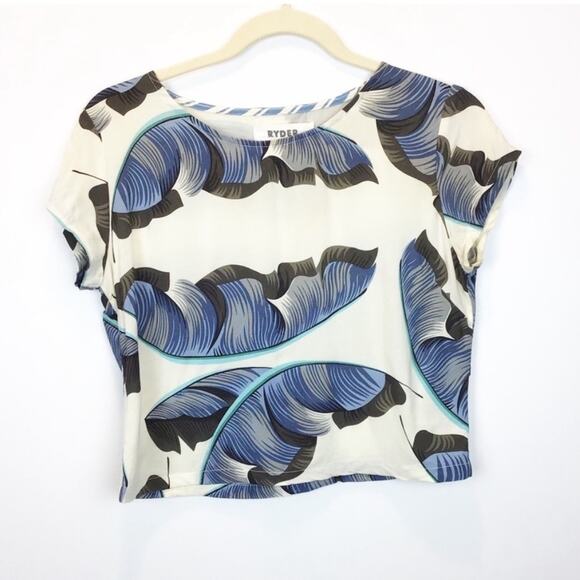 ANTHROPOLOGIE RYDER BLUE FEATHER PRINT CROPPED T SHIRT XS - Picture 1 of 7